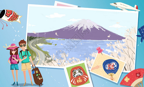 富士山樱花节日本旅行插画