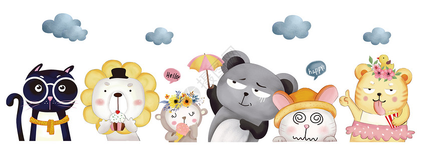 卡通雨伞手绘欧式动物插画