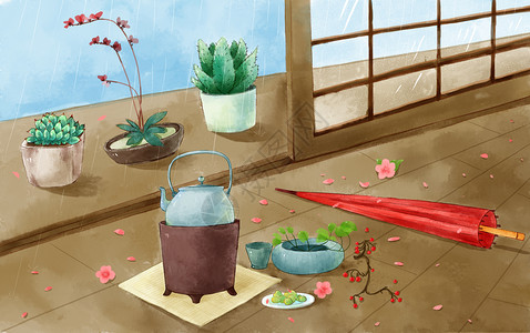 飘落红色花瓣梅雨天插画