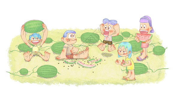 夏天吃瓜的孩子小暑吃瓜插画插画