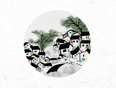 湖桥风景中国风水墨画插画