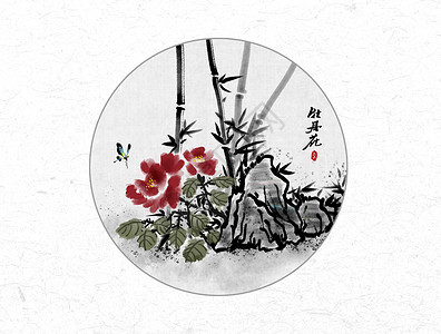 红色峨眉山印章牡丹花中国风水墨画插画