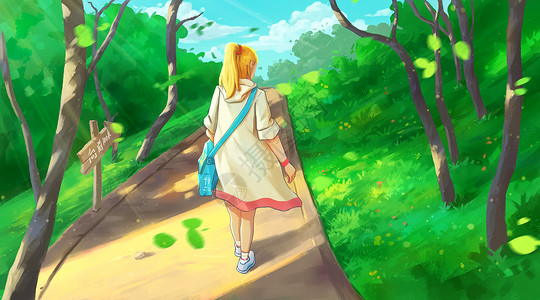 山间树林漫步在树林的女孩插画