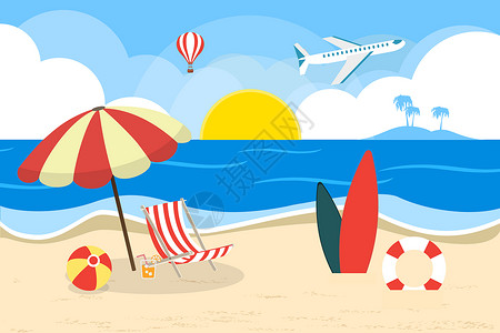 遮阳伞和躺椅滨海沙滩插画