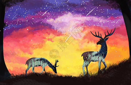 手绘欧式星空鹿背景高清图片素材