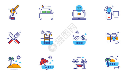 夏天海滩椰子树旅游度假图标icon插画