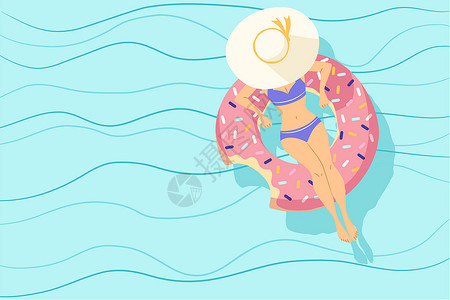 穿粉色比基尼的可爱女生夏泳插画