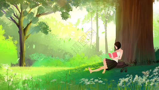 美女读书在树下的女孩插画