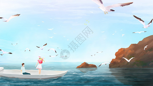 海南海景一起看海鸥插画