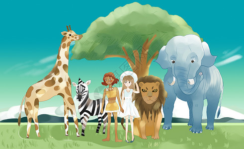 非洲布什大象带着动物去旅行插画