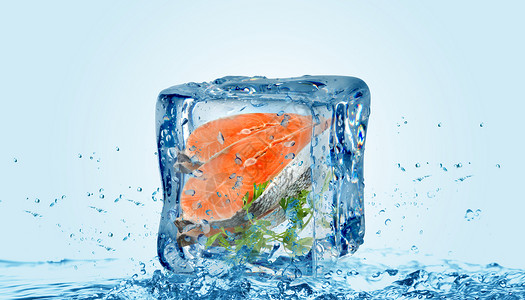 创意清凉冰块里三文鱼高清图片