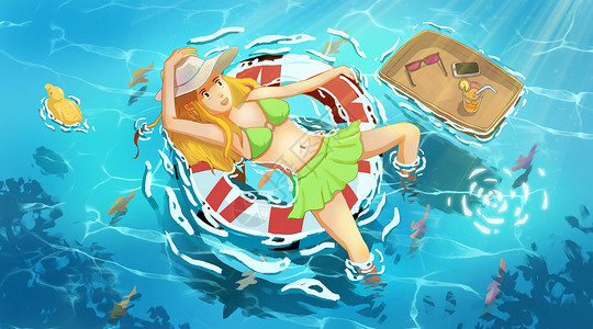 泳装配图海边度假的女孩插画