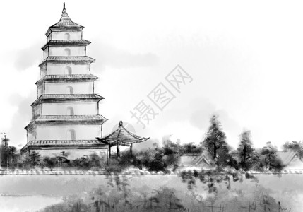 中国围墙大雁塔插画