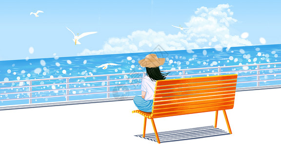 海滨海洋看海的女孩插画