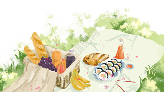 香蕉面包水彩风野餐旅游插画插画