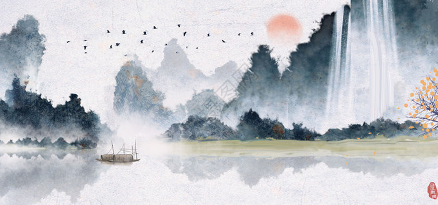 古风材质中国风山水水墨画插画