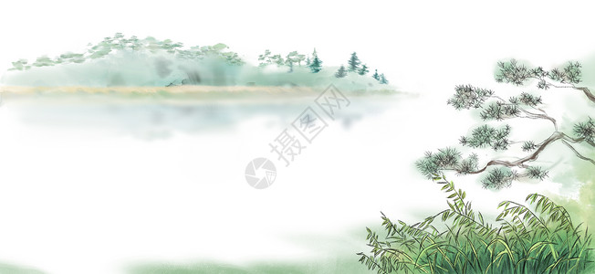 松树透明素材古风山水背景插画