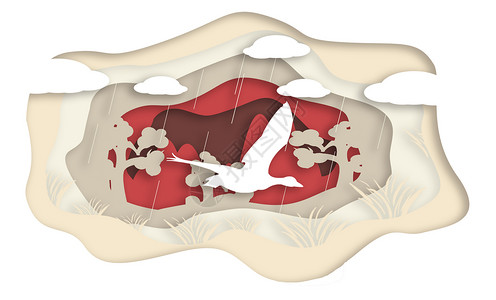 云朵边框树木大雁立体剪纸插画