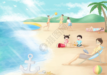 沙滩度假的女孩海边休闲度假插画
