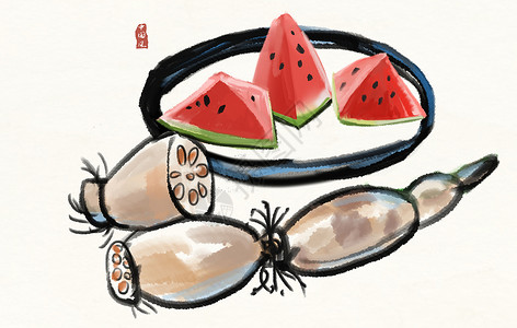 西瓜和藕插画图片