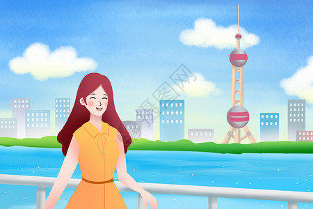 美丽上海女孩假期上海旅游插画