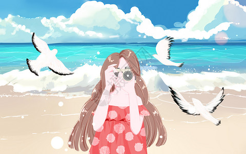 少女连衣裙夏日海边旅行插画