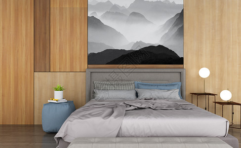 北欧风卧室床柜组合效果图高清图片