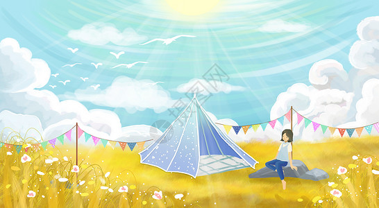 蓝天草地背景图草坪上露营的女孩插画