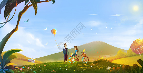 气球情人节情侣旅游插画