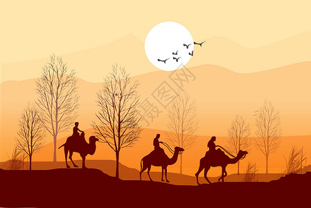 新疆沙漠骆驼夕阳插画