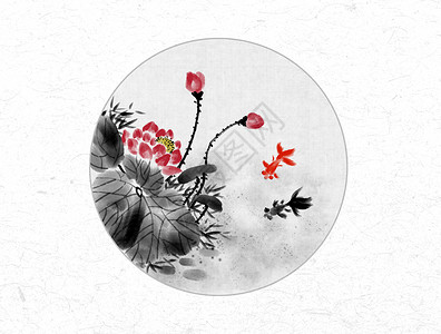 金鱼和荷花中国风水墨画背景图片