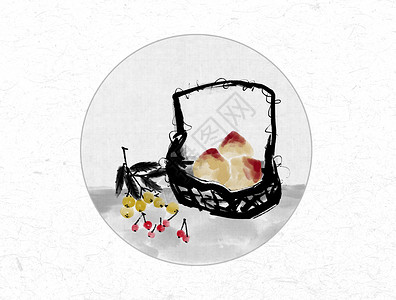 桃子设计素材水果中国风水墨画插画