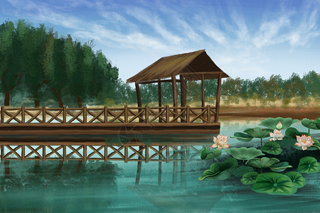 公园湖水风景插画