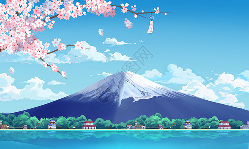 日本老街富士山插画