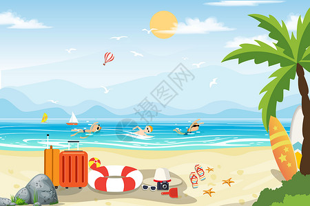 女孩游泳暑假海边度假插画