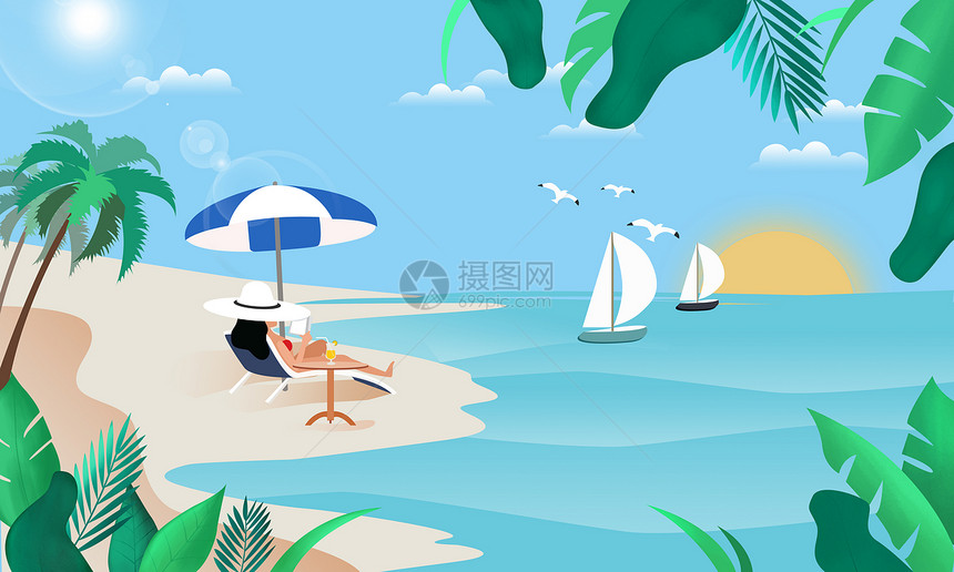 夏天海边沙滩插画图片