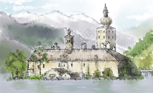 欧洲雪山奥地利教堂插画