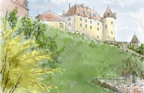 瑞士古堡中世纪草地高清图片
