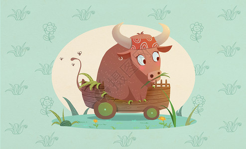 过年q版素材十二生肖旅行插画之丑牛插画