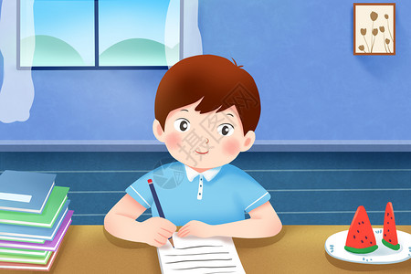小男孩手持对话框儿童教育做作业插画