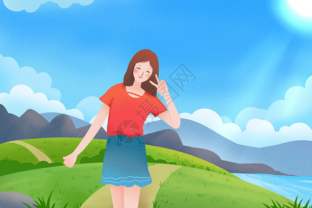 毕业美女女生假期旅行拍照插画