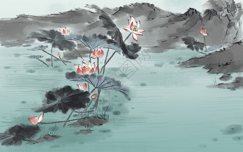 中国风荷花花鸟画水泥土高清图片