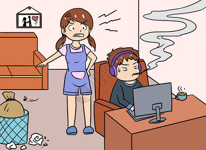 父母电脑家庭矛盾插画
