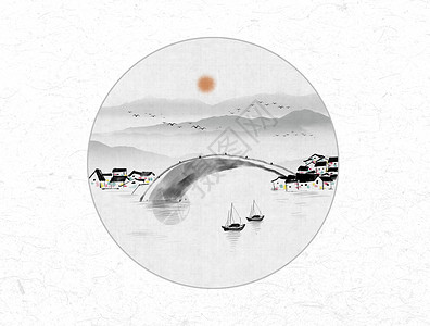 湖桥山水风景中国风水墨画插画