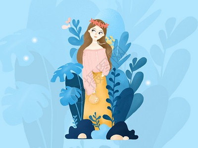 蓝色叶子花环草丛中的女孩插画