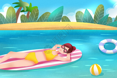 手绘比基尼美女夏季海边度假插画