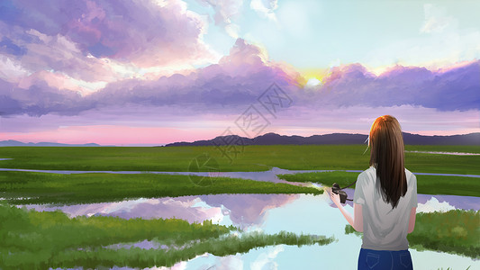 蓝天绿水站在田野里的女孩插画