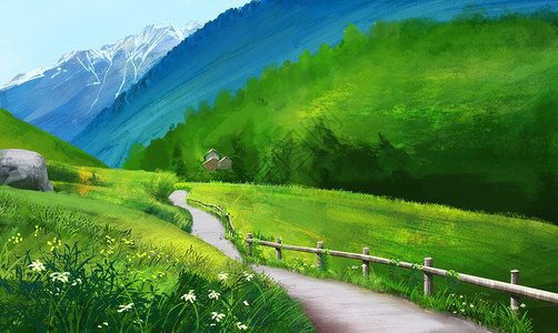 欧式景观绿色山谷插画
