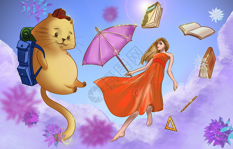 雨伞和云彩天空中的猫与少女插画