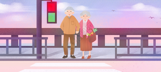 过马路看红绿灯老年夫妻日常生活插画